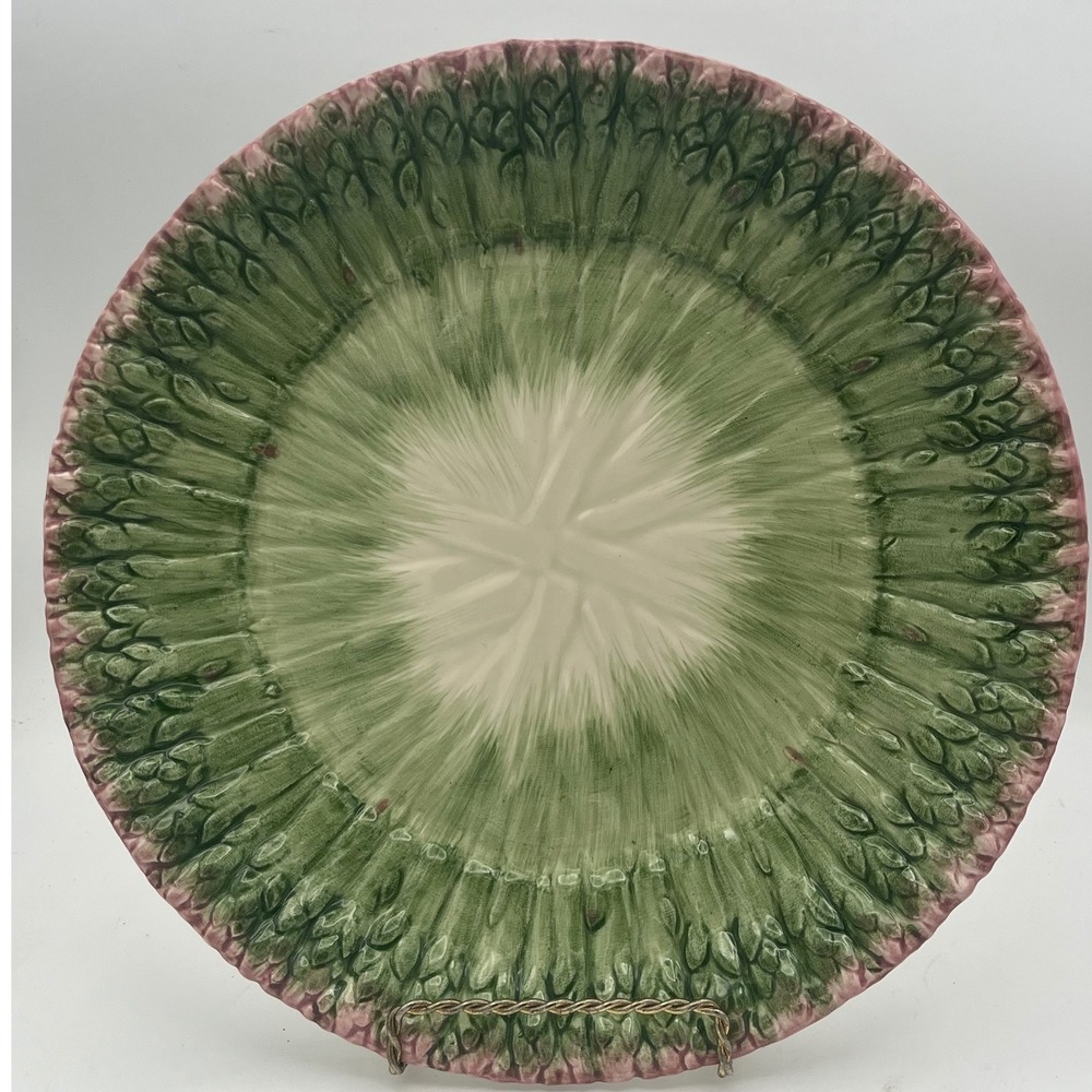 Fitz and Floyd Asparagus Plate Ironstone Green Pink Majolica Style Japan 11"